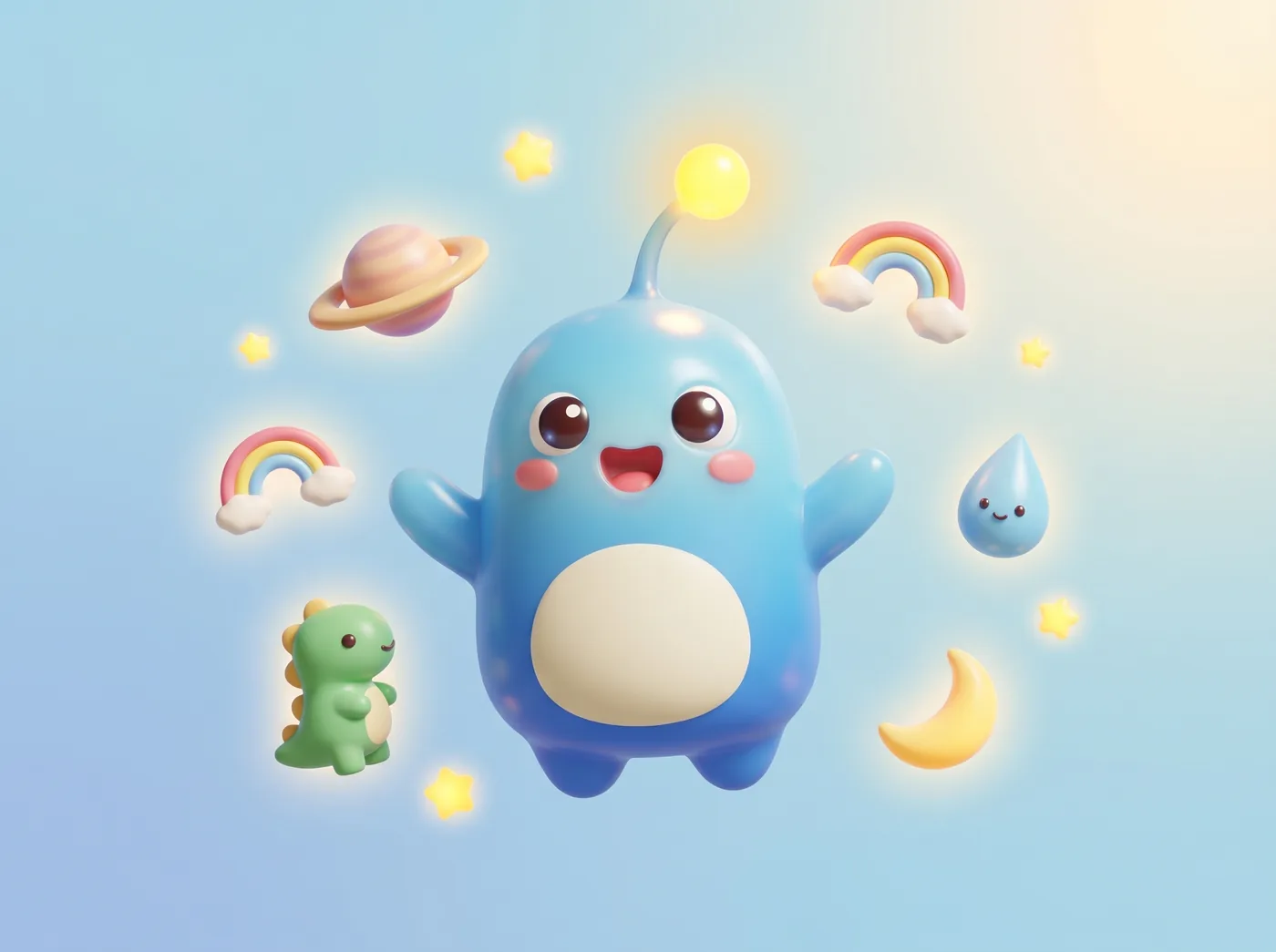 Whybo, un gentil personnage IA tout bleu, qui flotte entre une planète, des arcs-en-ciel, un dinosaure et des étoiles